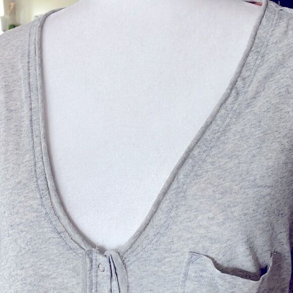 Free People Baby Doll Top Gray Orange /Peach Large V Neck Pocket Cotton - Picture 5 of 10